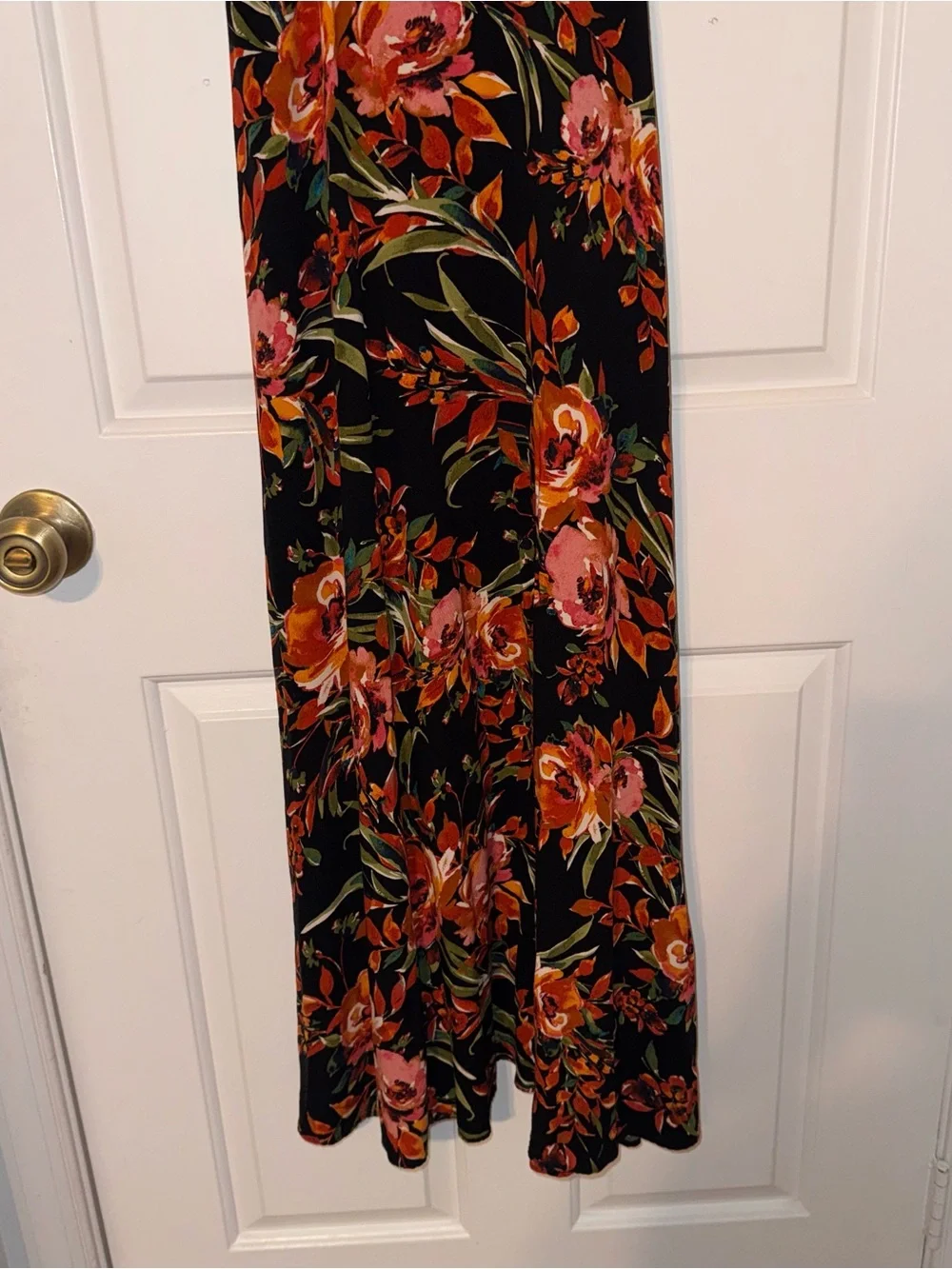 MSK Floral Black Maxi Dress Orange Pink Blooms tie back sash 100% viscose M - Picture 5 of 14